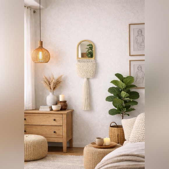 Other - NEW White Cotton Macrame Basket Boho Wooden Mirror Wall Decor Bohemian Cottage